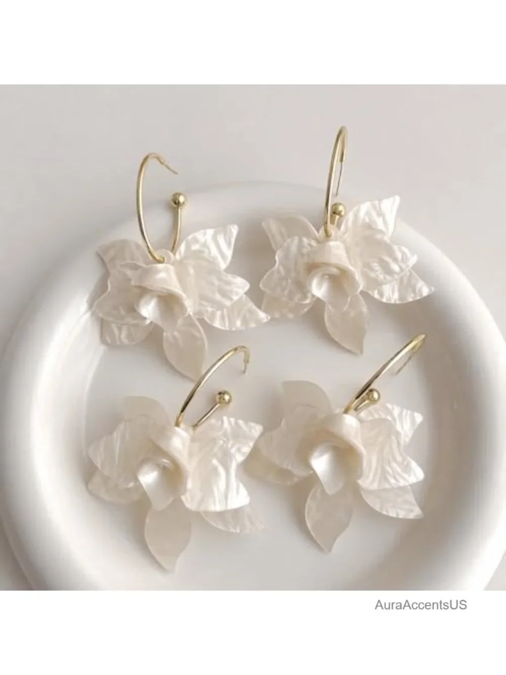 Large White Flower Dangle Earrings Gold Hoop Floral Drop Earrings Lightweight